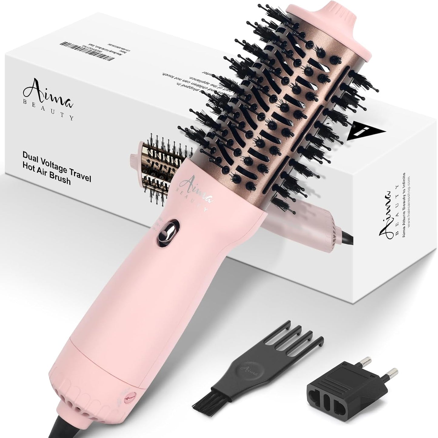 Aima Beauty Travel Hair Dryer Brush Dual Voltage Blow Dryer Brush Hot Air Brush with Oval Barrel 360°Airflow for Smooth, Negative Ionic Frizz-Free Drying/Straightening/Voluming, Pink