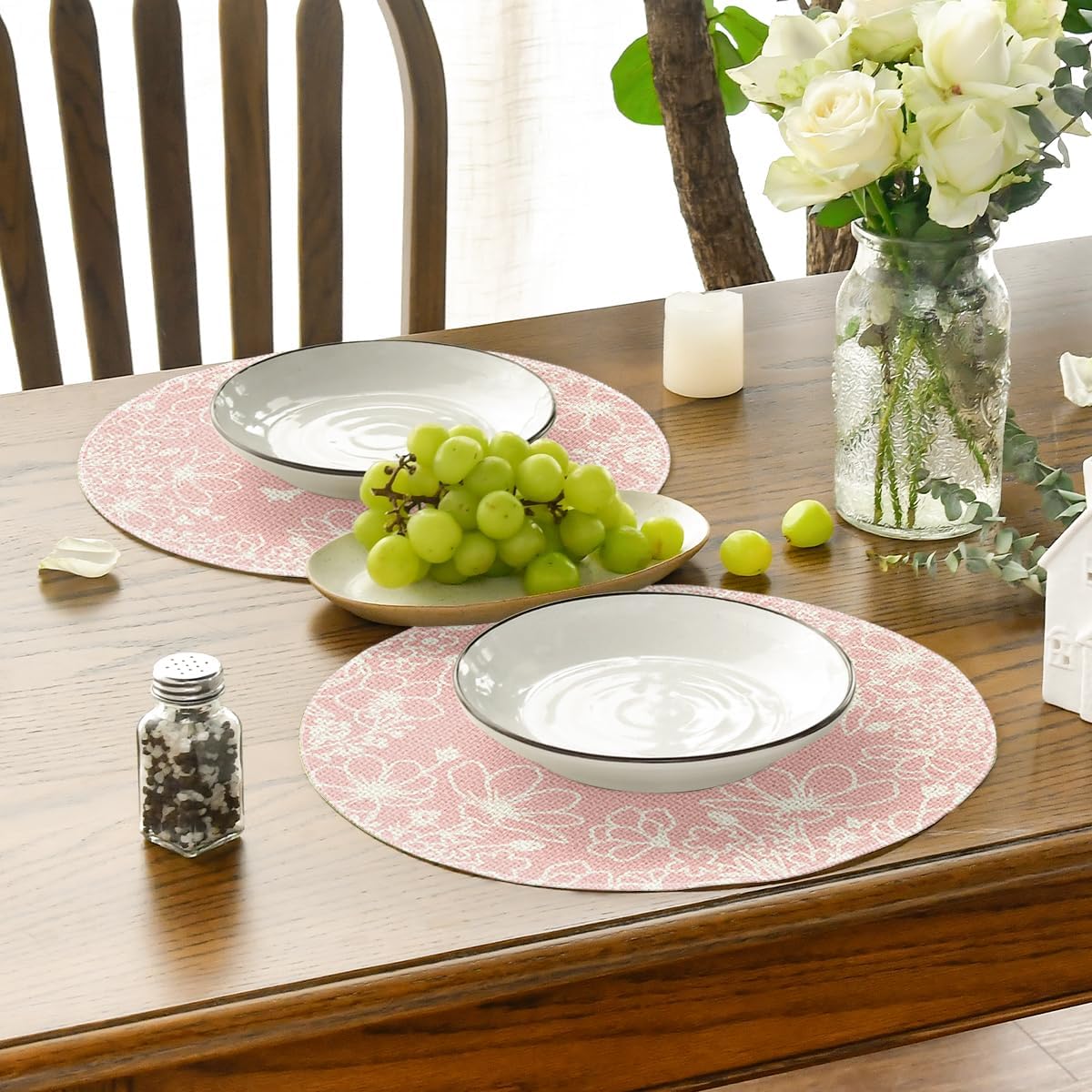 Artoid Mode Pink Florals Butterfly Round Spring Placemats Set of 4, 14 Inch Seasonal Summer Holiday Table Mats for Party Kitchen Dining Decoration