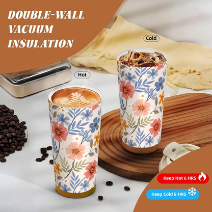 Peach And Blue Floral Pattern Portable Thermal Tumbler | Dual Flip Access Lid 316 Stainless Steel Insulated Travel Cup Portable Coffee Tumbler for Road Trips