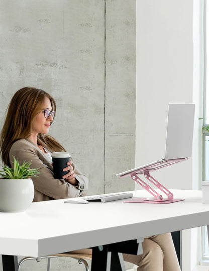 ALASHI Laptop Stand for Desk with 360° Rotating Base, Multi-Angle Adjustable Laptop Stands, Foldable Laptop Riser Compatible with 10 to 15.6 Inches PC Computer, Pink