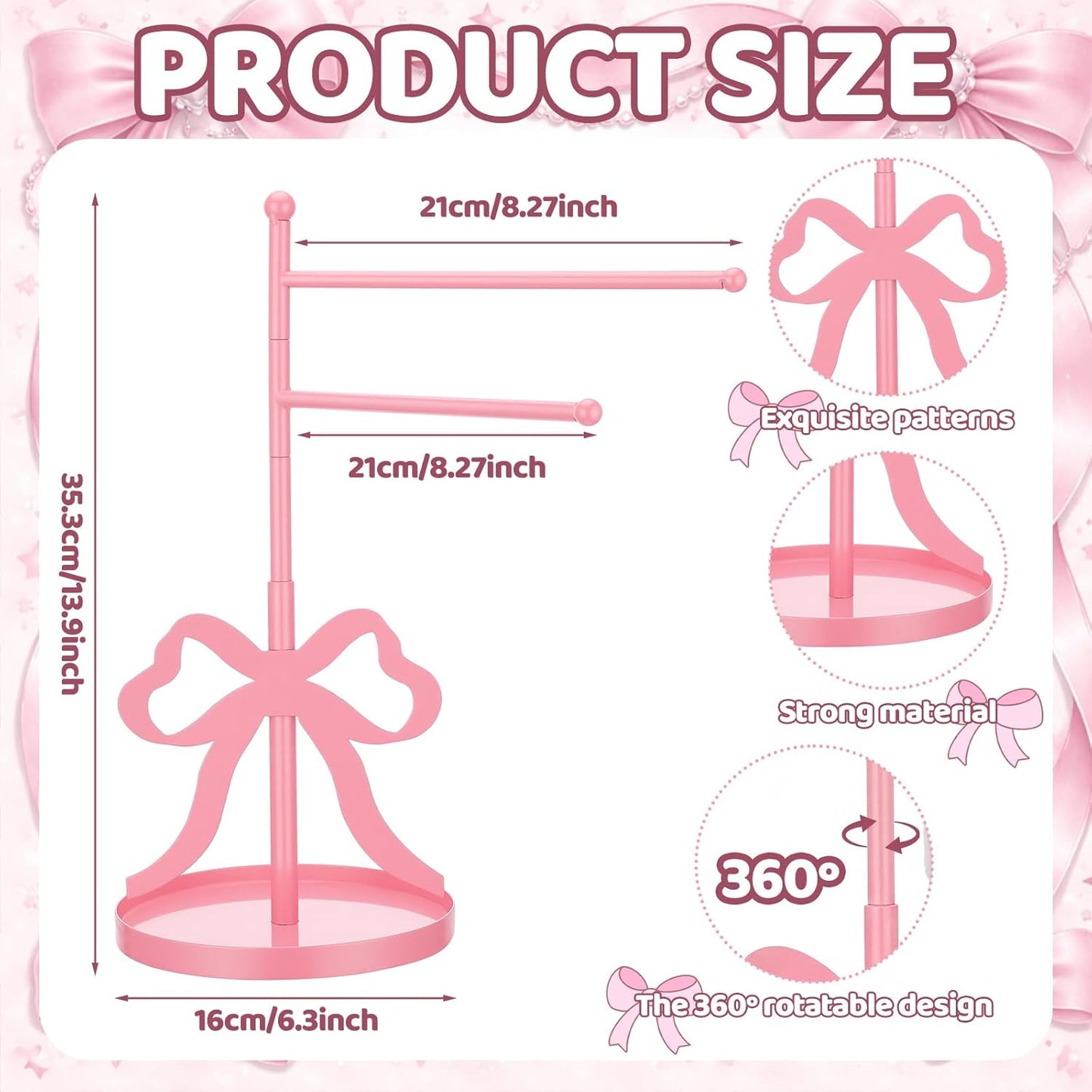 Chumia Pink Bow Towel Holder for Bathroom, F-Shape Cute Pink Hand Towel Stand with 2 Swivel Arm and Base, Coquette Jewelry Storage Standing Towels Bar for Women Girls Bathroom Kitchen Countertop