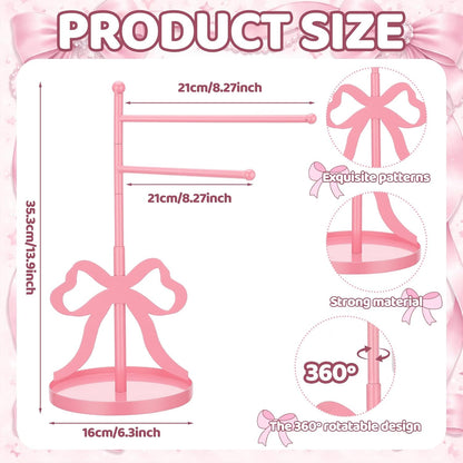 Chumia Pink Bow Towel Holder for Bathroom, F-Shape Cute Pink Hand Towel Stand with 2 Swivel Arm and Base, Coquette Jewelry Storage Standing Towels Bar for Women Girls Bathroom Kitchen Countertop