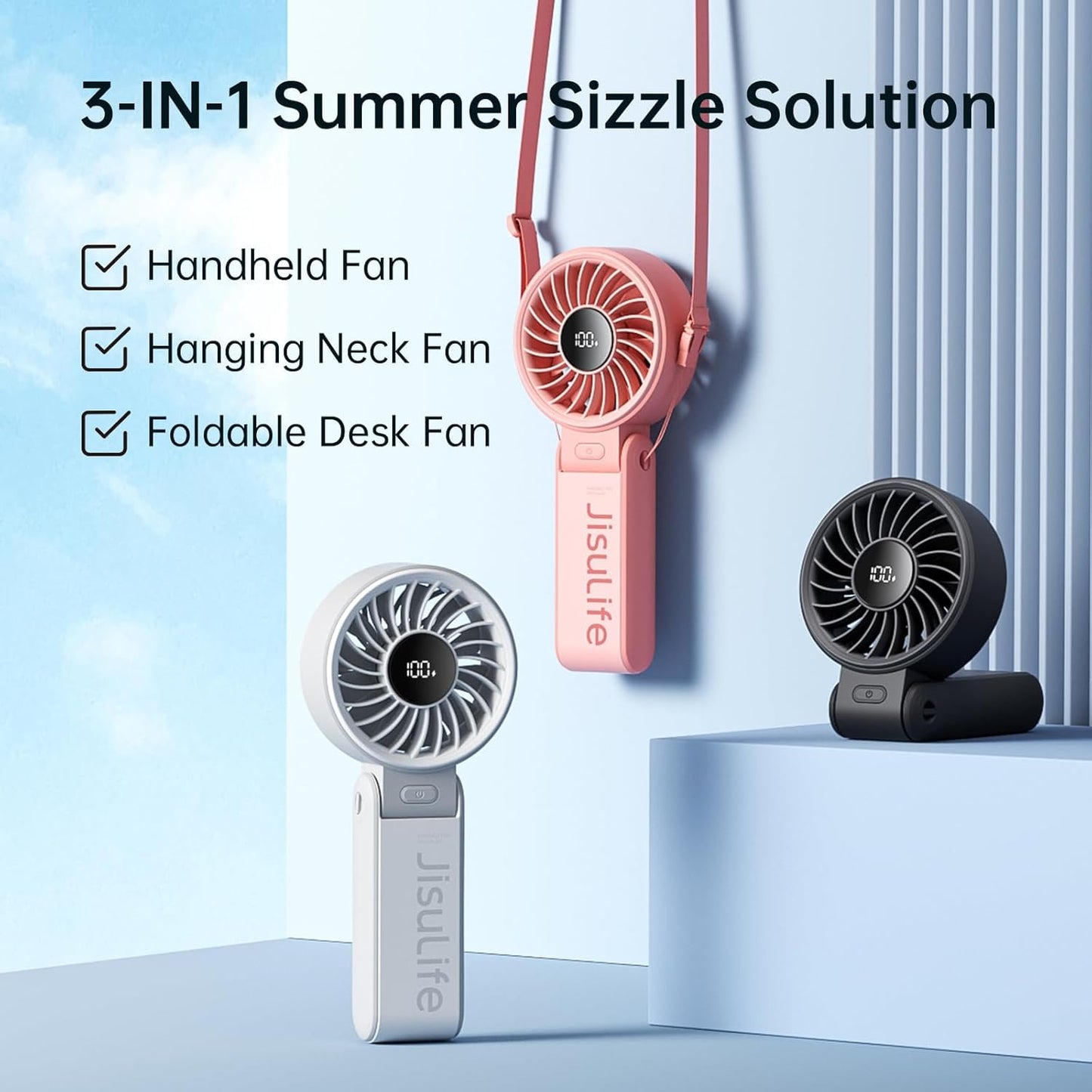 JISULIFE Handheld Fan Life7 – Ultimate Flexibility: Wide & Strong Airflow, 13H Max Cooling, 3600mAh Rechargeable, 5-Speed, LED Display, 3 IN 1 Portable Fan for Travel, Concerts, Sports Events(Pink)