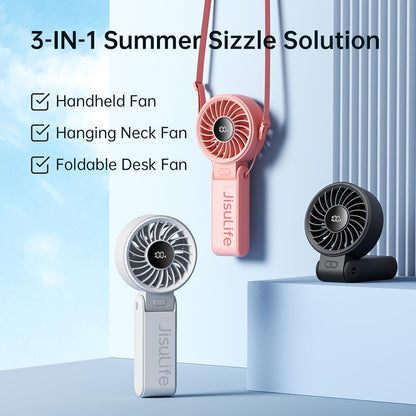 JISULIFE Handheld Fan Life7 – Ultimate Flexibility: Wide & Strong Airflow, 13H Max Cooling, 3600mAh Rechargeable, 5-Speed, LED Display, 3 IN 1 Portable Fan for Travel, Concerts, Sports Events(Pink)