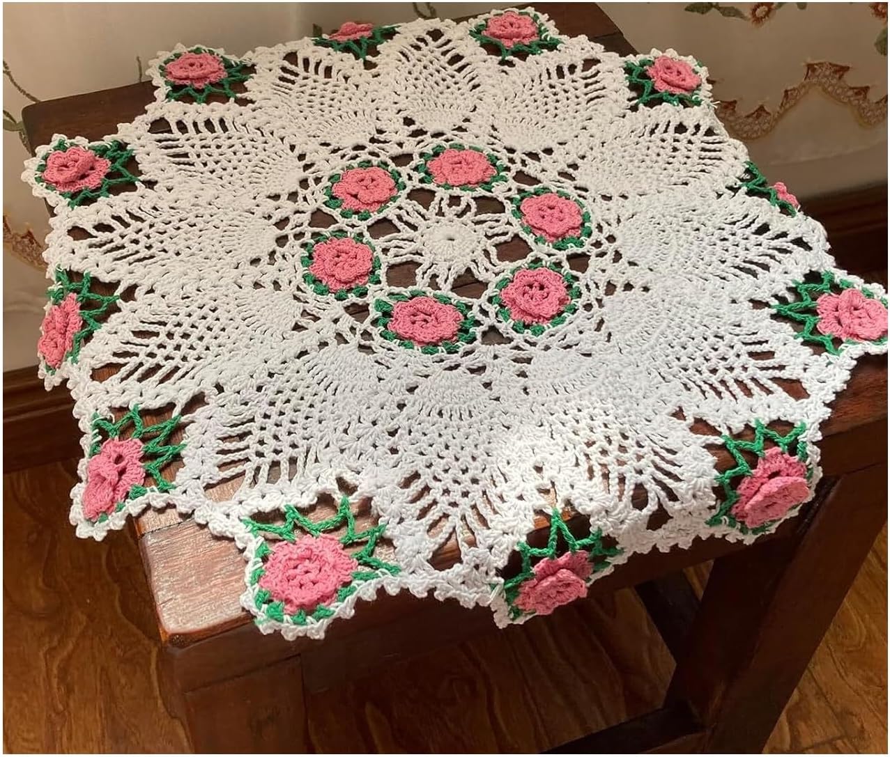 Handmade Crochet Floral Table Overlays Farmhouse Round Tablecloths for Wedding 18 inch Pink Rose Flower(Pink)