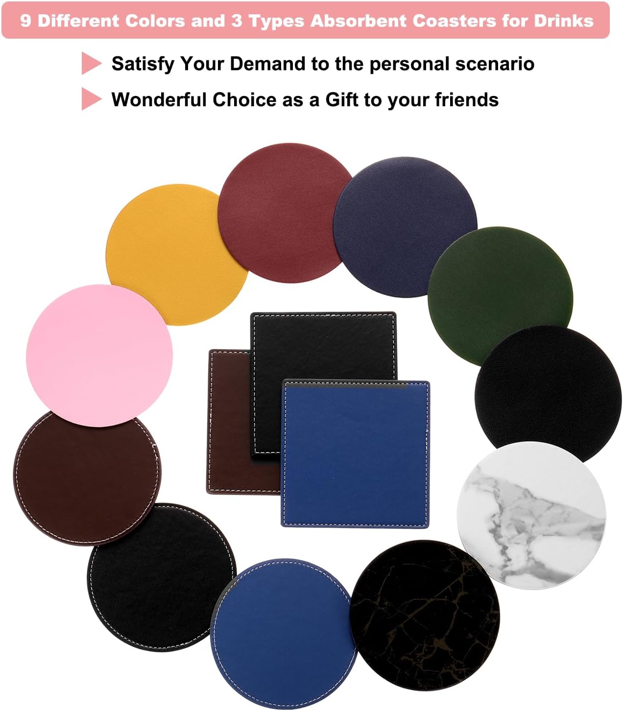 uxcell Round Drink Coasters Set of 6 Dual Sided Non-Slip Non-Stick Waterproof Leather Coasters for Drinks, Coffee Table, Housewarming Gifts, Home Decor 4"×4" Pink