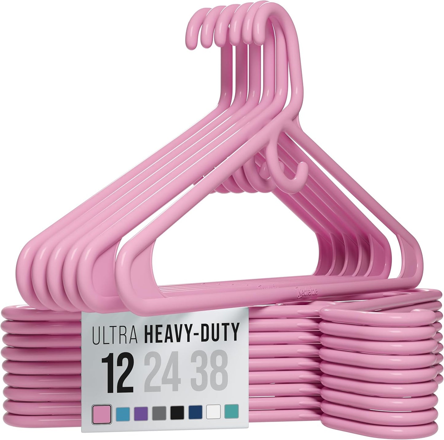 NEATERIZE Thick Heavy Duty Hangers - Pink Plastic Clothes Hangers 12 Pack - Great for Coat Hanger, Jackets Jeans & Suit Hanger for Closet - New Apartment Essentials Percheros Ganchos para Colgar Ropa