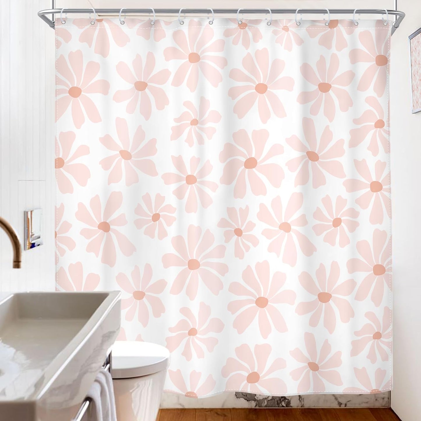 Riyidecor Blush Pink Floral Shower Curtain Cute Daisy Kids Boho Spring Flower Girly Girls Retro Y2K Lovely Pastel 72Wx72H Inch Aesthetic Fabric Decor Bathroom Polyester Waterproof 12 Pack Hooks