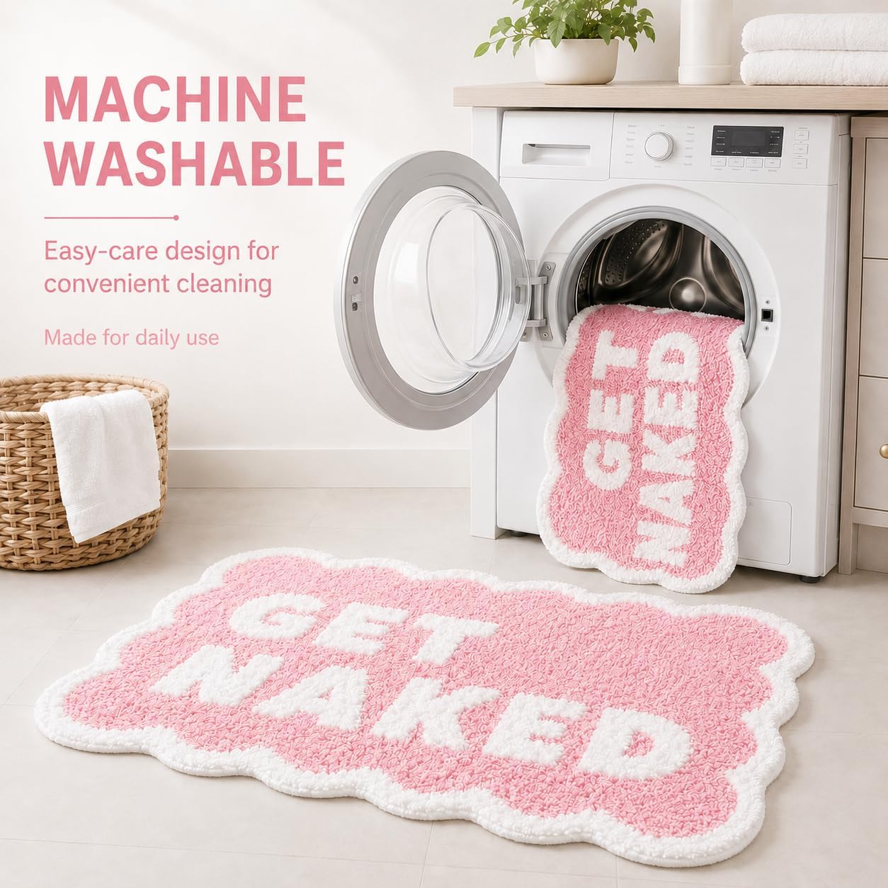 Scalloped Pink Bath Rug, Get Naked Cute Bathroom Rug, Soft Absorbent Quick Dry Bath Mat, TPR Non Slip Backing, Microfiber Mat for Shower Tub Sink Vanity 20" x 31.5"