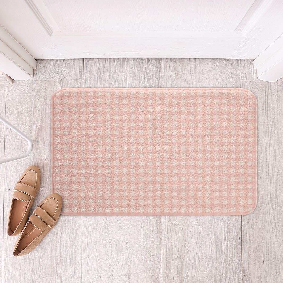 Manfei Pink Gingham Bath Mats Geometric Grid Plaid Bathroom Mats Rugs,Modern Aesthetic Checkered Bath Carpets,Kids Boys Girls Room Decor,Non Slip Absorbent Plush Floor Rugs, 16Wx24L Inches