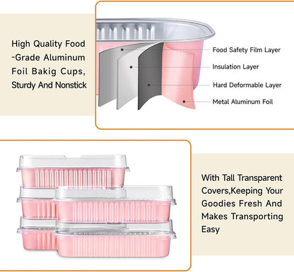 50pcs Mini Disposable Foil Rectangle Baking Cups 6.8 oz 6.5 x 2.6 x 2 Inch Aluminum Loaf Pans with Lids for Baking (Light Pink)