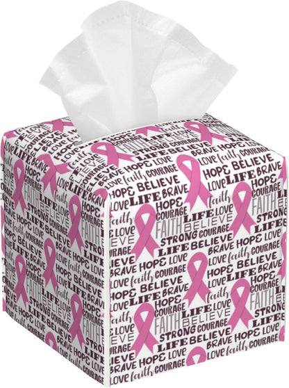 Pink Ribbon Tissue Box Cover,Breast Cancer PU Leather Tissue Box Holder Square,Modern Home Decoration for Bathroom Living Room Kitchen Office Car,5.2"×5.2"×5.2"