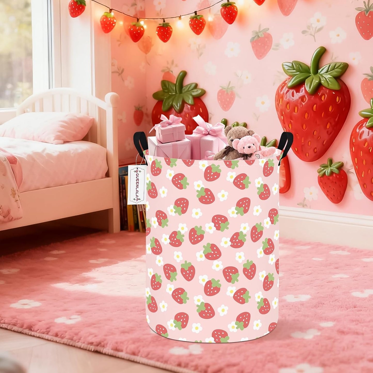 Round Waterproof laundry basket, Laundry Hamper for Nursery, Kids Toy Box Storage for Girls Boys, Diaper or plush toy gift basket, Foldable Fabric Basket(Round-Pink Strawberry)