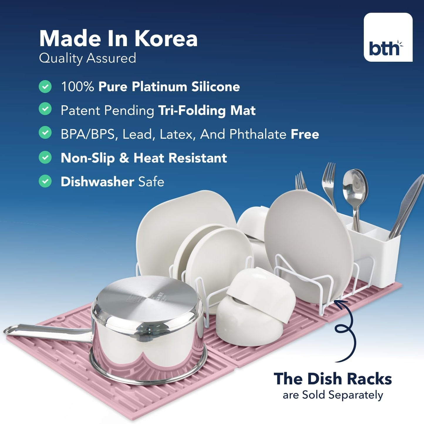 BTH 24" Extra Wide Foldable Dish Drying Mat for Kitchen Countertop, Made In Korea, Heat-resistant Premium Non-slip Silicone Mat, Large Dish Drainer Mat, Compact Folding Sink Liner Dishwasher Safe