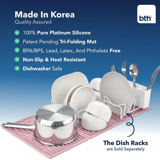BTH 24" Extra Wide Foldable Dish Drying Mat for Kitchen Countertop, Made In Korea, Heat-resistant Premium Non-slip Silicone Mat, Large Dish Drainer Mat, Compact Folding Sink Liner Dishwasher Safe