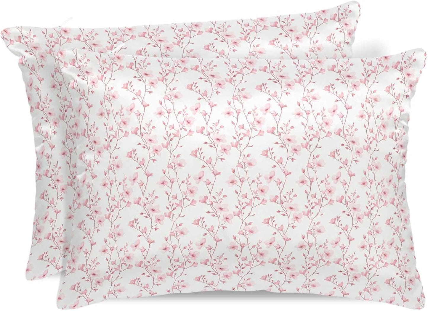 Satin Pillowcase for Hair and Skin Standard Size 2 Pack Pink Floral Satin Pillow Case Soft Breathable Smooth Cooling Silk Flower Tree Branch Pillowcases with Hidden Zipper Throw Pillow Covers 20x26