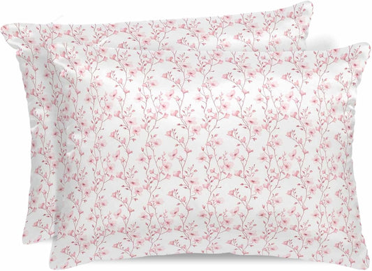 Satin Pillowcase for Hair and Skin Standard Size 2 Pack Pink Floral Satin Pillow Case Soft Breathable Smooth Cooling Silk Flower Tree Branch Pillowcases with Hidden Zipper Throw Pillow Covers 20x26