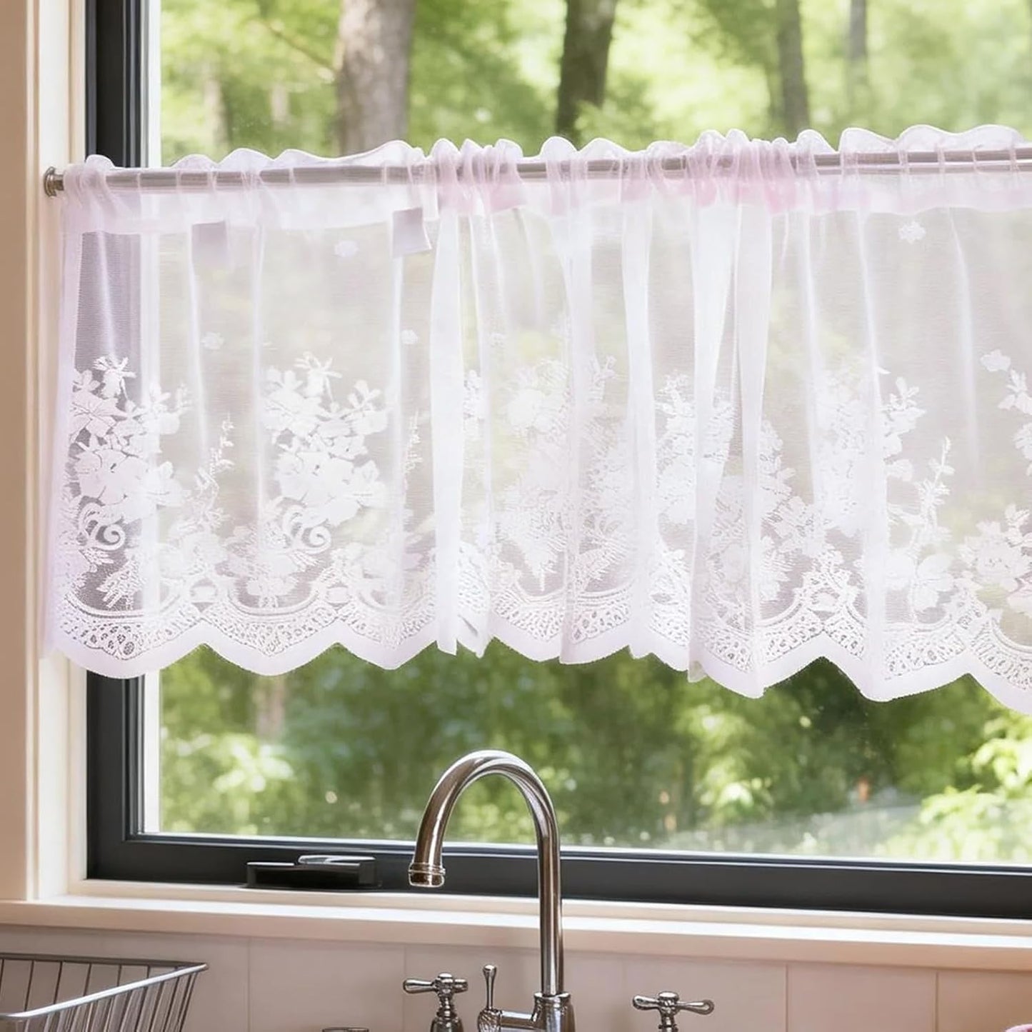 Molaxhome Lace Valances for Windows 51x16in, Floral Embroidered Kitchen Sheer Curtain Half Window Valance Cafe Dinning Bath Room 1 Pcs(Pink)