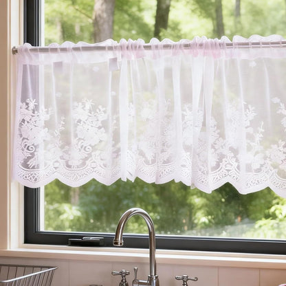 Molaxhome Lace Valances for Windows 51x16in, Floral Embroidered Kitchen Sheer Curtain Half Window Valance Cafe Dinning Bath Room 1 Pcs(Pink)