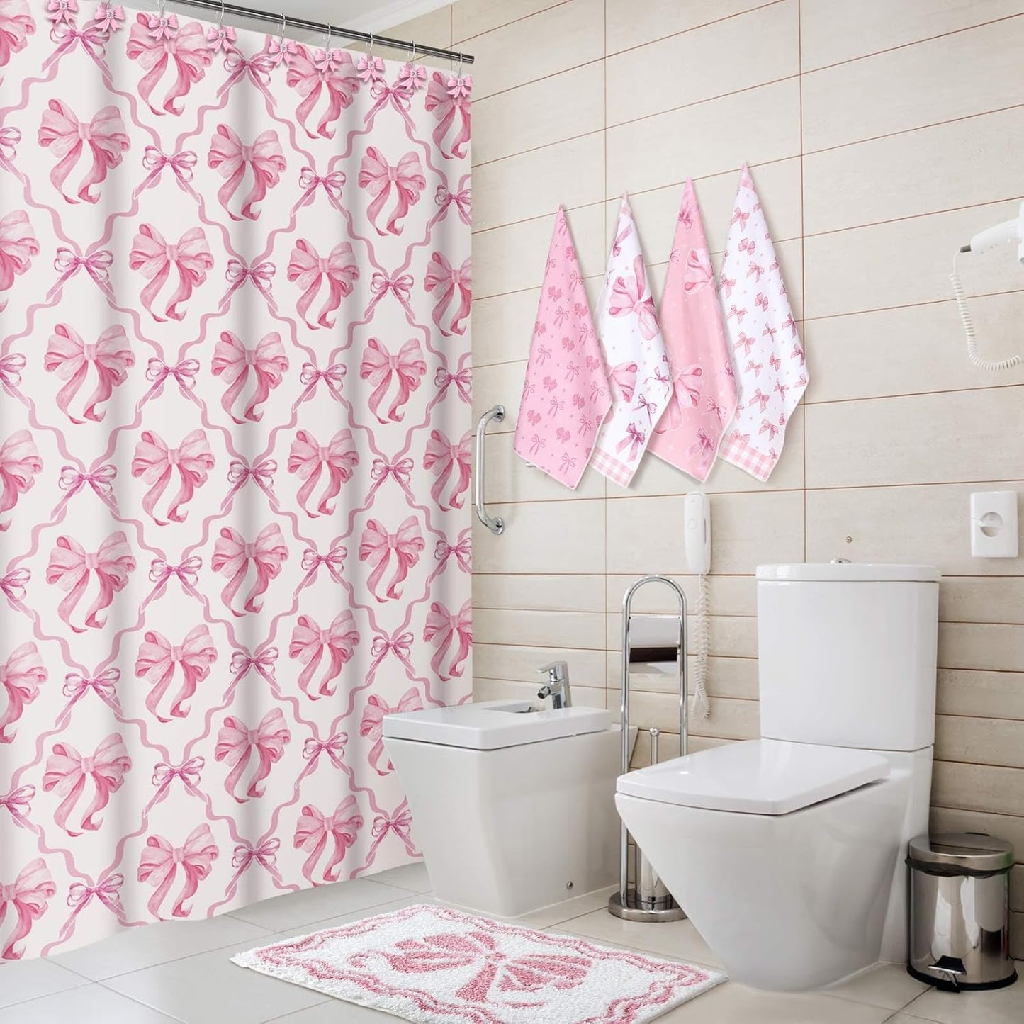 Fourluoo 18 Pcs Pink Bow Shower Curtain Set with 12 Decorative Shower Curtain Hooks Pink Bow Knot Bathroom Towels Coquette Non Slip Absorbent Microfiber Rug for Christmas Modern Aesthetic Bathroom