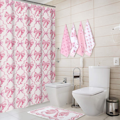 Fourluoo 18 Pcs Pink Bow Shower Curtain Set with 12 Decorative Shower Curtain Hooks Pink Bow Knot Bathroom Towels Coquette Non Slip Absorbent Microfiber Rug for Christmas Modern Aesthetic Bathroom