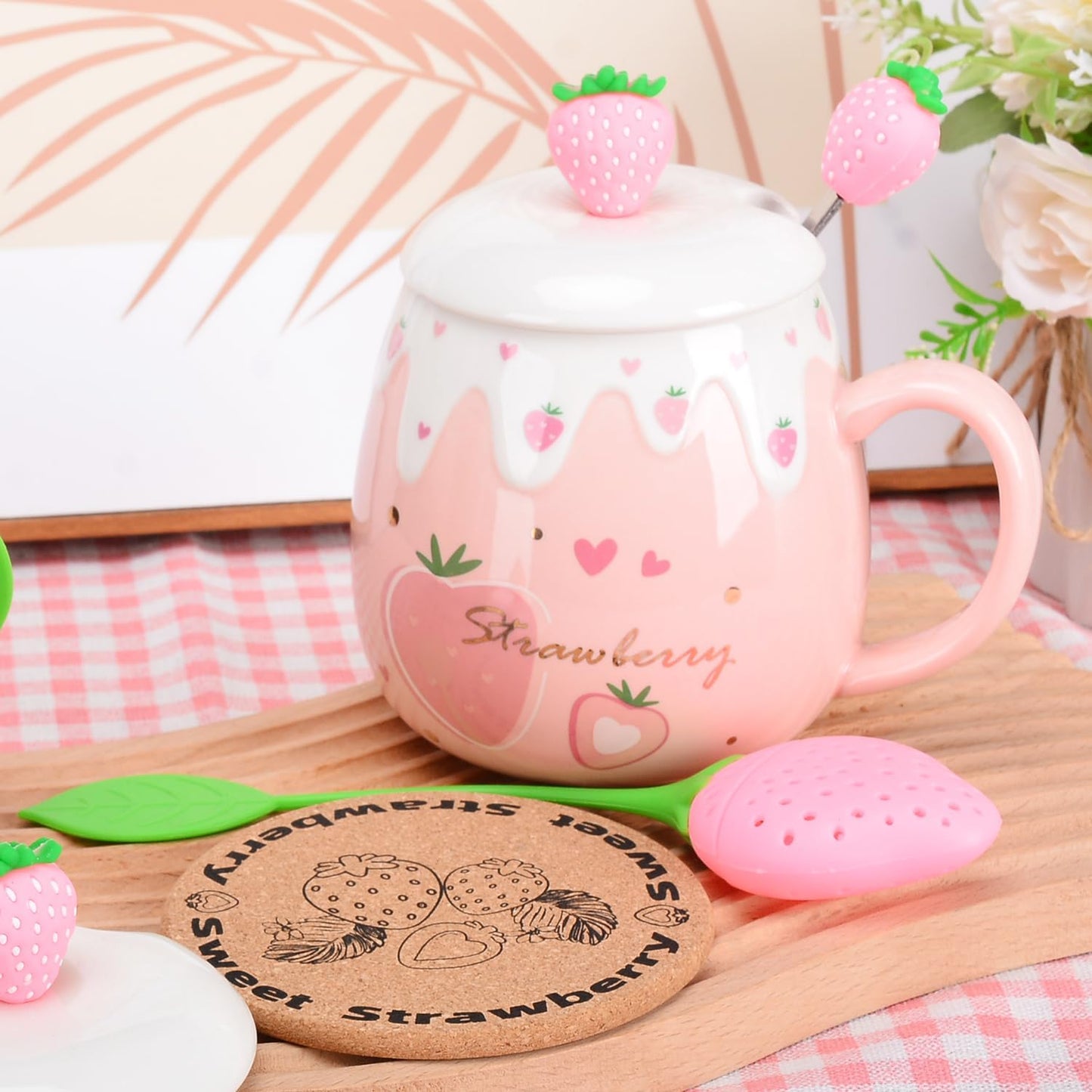 Pink Mug, Cute Strawberry Cup with Cover Spoon, Ceramic Cute Coffee Mugs with strainer, Kawaii Cup for Tea Milk, Gift for Women Girls Student Korean Style 450ML Christmas Birthday