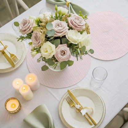 Blush Pink Line Striped Round Placemats Set of 4 Farmhouse Pink Stripes Place Mats Indoor Woven Table Mats Washable Heat-Resistance Braided Dining Table Placemats for Kitchen Holiday Decor 13 Inch