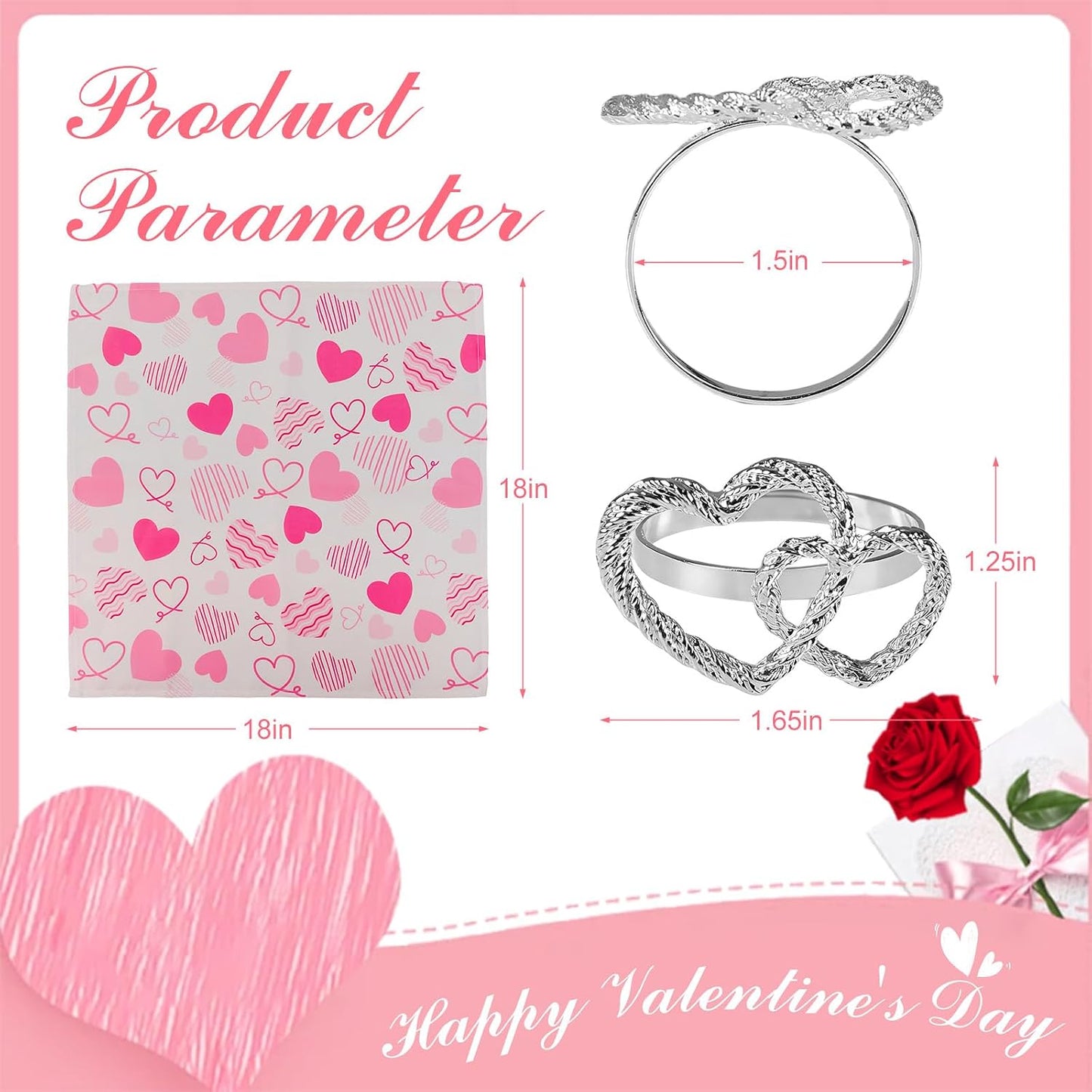 Silver Heart Napkin Rings Plus Valentine's Day Pink Cloth Napkins Set of 12, 6 pcs Polyester Red Pink Heart Cloth Napkins, 6 pcs Metal Napkin Holders for Wedding, Memorial Party Dinner Table Decor