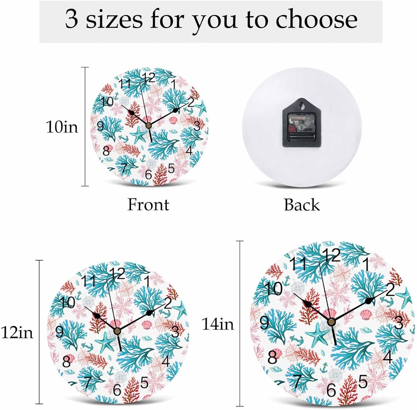 Wall Clock Ocean Coral Shell Clocks PVC Silent Non-Ticking Battery Operated Decorative Turquoise Pink Starfish Anchor Round Clock for Home Living Room Kitchen Bedroom Office School Wall Decor 10 Inch