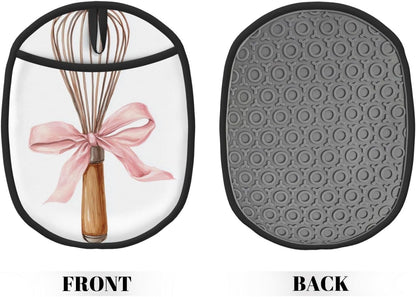 Watercolor Kitchen Whisk with Light Pink Bow Silicone Pot Holders,2pcs, Heat Resistant Oven Mitts Large Potholders for Kitchen Cooking Baking Hot Pads