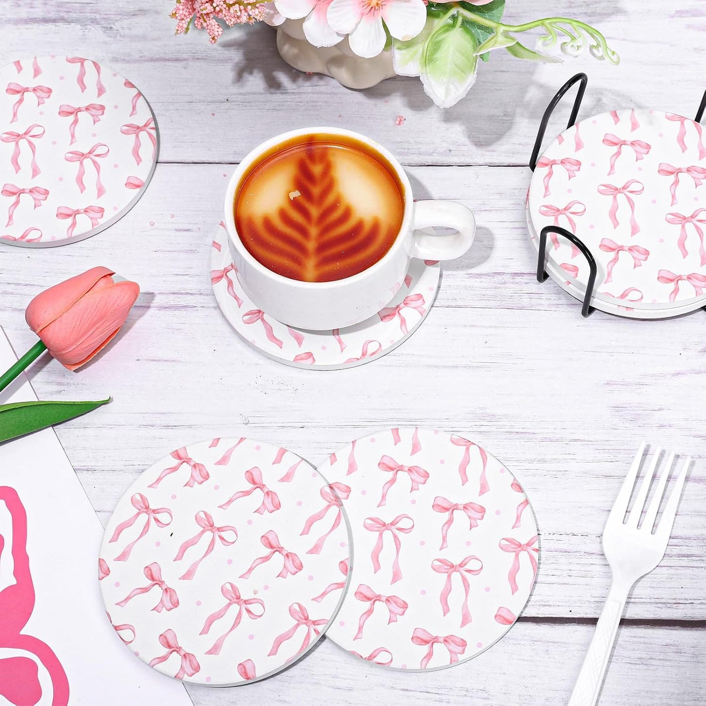 FYSUIMU 6Pcs Pink Bow Coasters Cute Coquette Bowknots Ceramic Drink Coasters Absorbent Cup Mat for Home Kitchen Office Party Table Decor