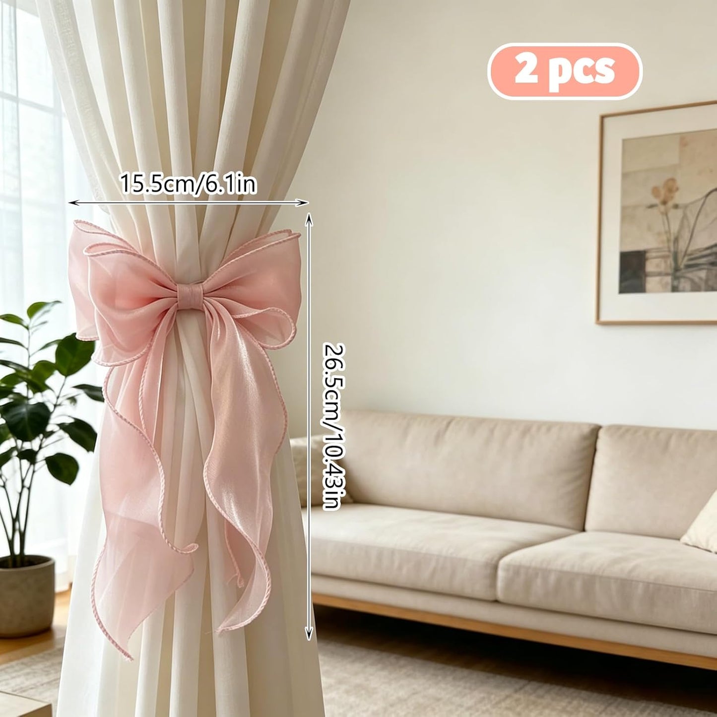 STEFORD 2 Pack Pink Silky Bow Curtain Tiebacks, French Elegant Lace Ribbon Curtain Holdbacks for Pink Room Decor Party Wedding Birthday Decoration
