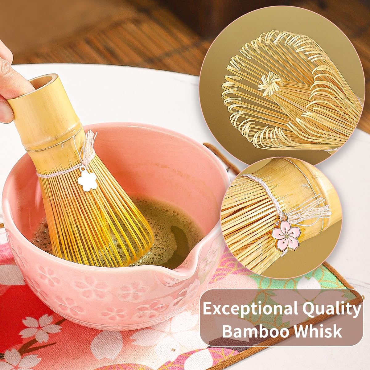 8-Piece Matcha Ceremony Set - Tea Kit with Cherry Blossom Bowl, Bamboo Whisk, Wood Scoops, Tea Cloth & Floral Display - Gift-Ready Pink Cherry color box (pink)