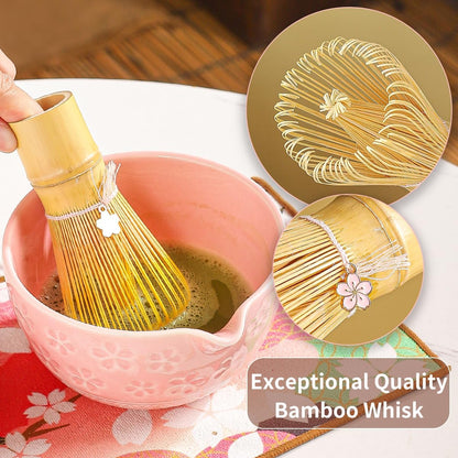 8-Piece Matcha Ceremony Set - Tea Kit with Cherry Blossom Bowl, Bamboo Whisk, Wood Scoops, Tea Cloth & Floral Display - Gift-Ready Pink Cherry color box (pink)