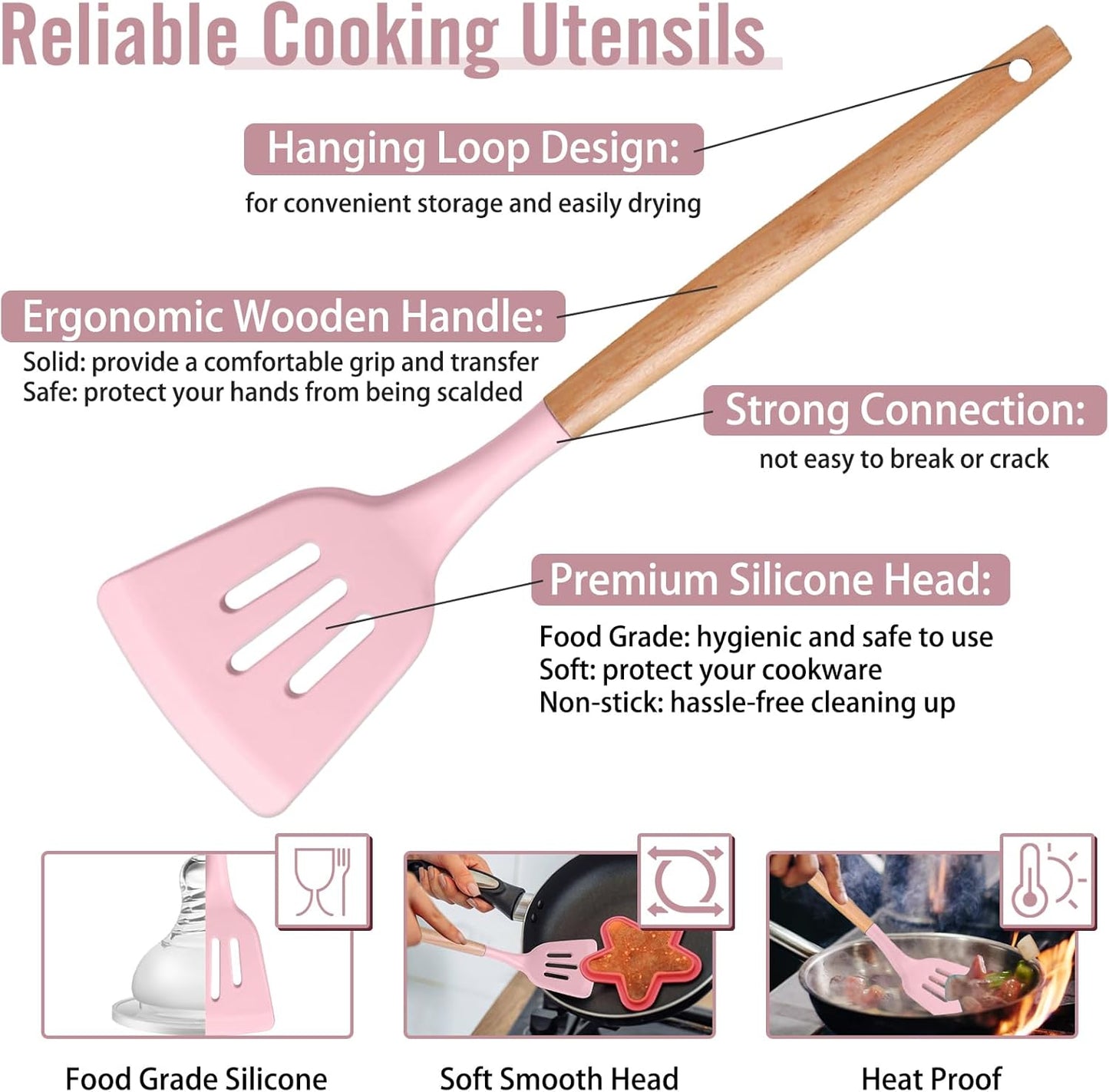P&P CHEF Cooking Utensils Set, 6 PCS Kitchen Utensils with Wooden Handle, Silicone Spatula for Nonstick Cookware, Easy Clean & Non-toxic, Pink