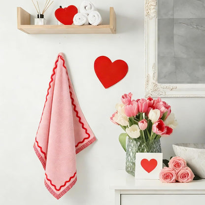 Whaline Pink Red Scalloped Hand Towels Decorative Towel 2 Pack Print Cotton Bathroom Towel for Kitchen Drying Cleaning, 29.5 x 13.7 Inch