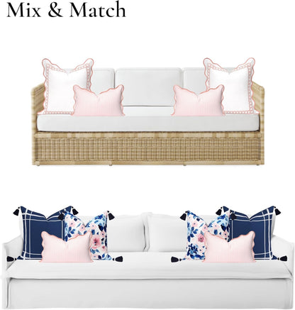 Hofdeco Premium Coastal Patio Indoor Outdoor Scalloped Lumbar Pillow Cover Only, 12"x20" Water Repellent for Backyard, Couch, Blush Pink Print Stripes