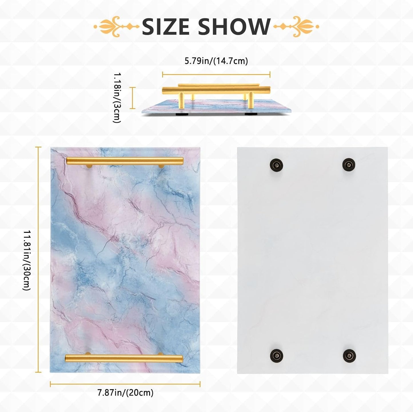 Peach and Light Blue Marble Texture Decorative Dinner Tray with Handles Coffee Serving Tray for Jewelry Perfume for Dinner Serving bandeja para Comer