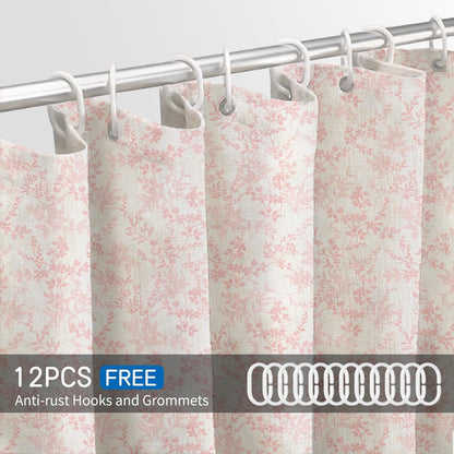 Pink Cotton Waterproof Shower Curtain, Farmhouse Elegance Floral Shower Curtains for Bathroom Decor, Chic Fabric Cloth Flower Leaves Shower Curtain 72" W x 72" L