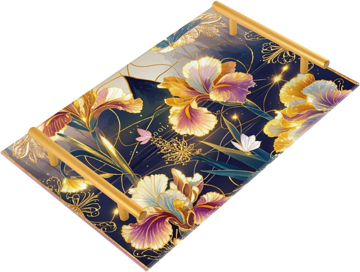 Pink and Gold Retro Flowers Decorative Rectangle Trays with Handles Trays for Eating for Jewelry Perfume for Bar Kitchen Party, Amber