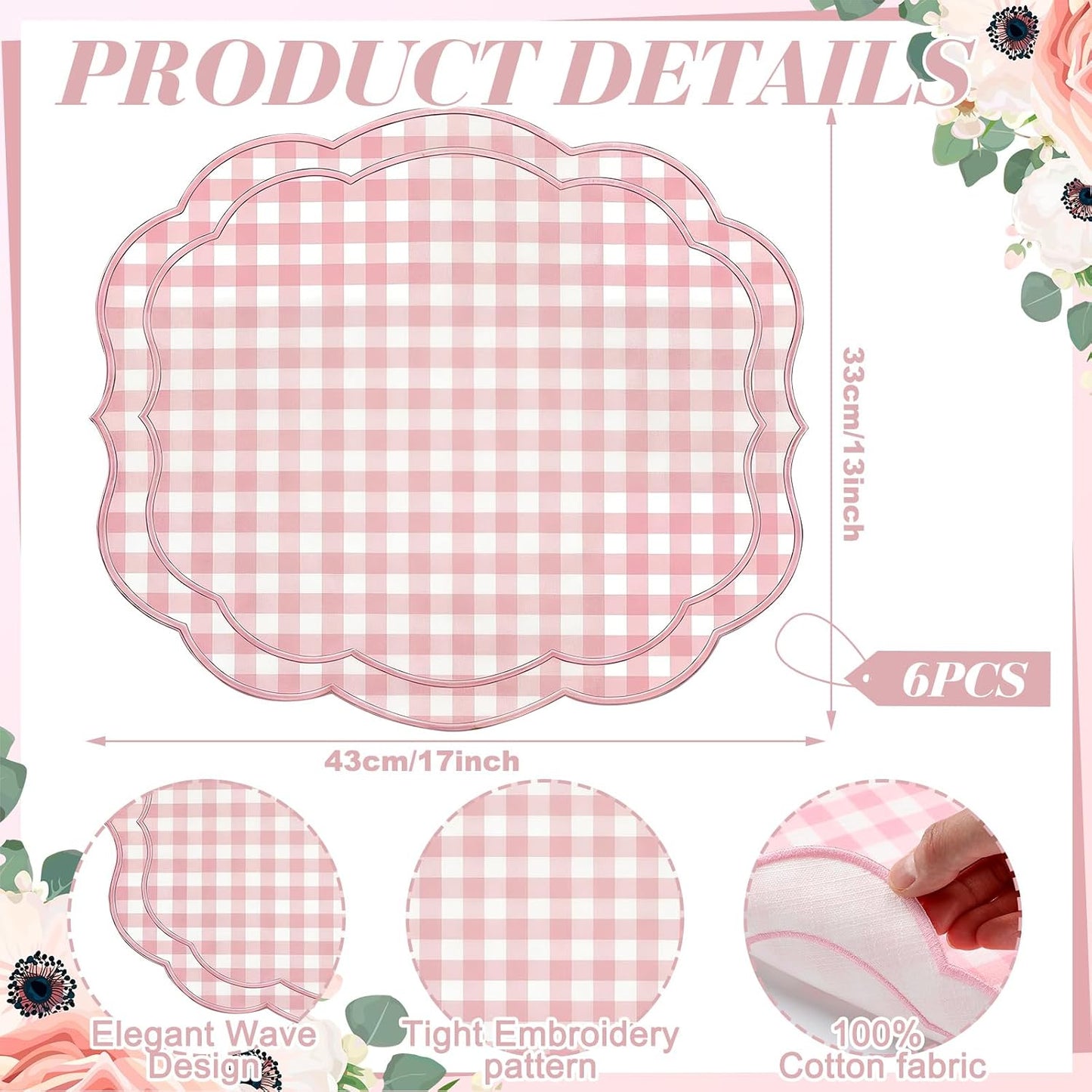 Breling Set of 6 Pink Gingham Placemats Scalloped Embroidered Cotton Linen Placemats 17" x 13" Double Layered Machine Washable Table Place Mat for Wedding Birthday Baby Shower Party Table Decor