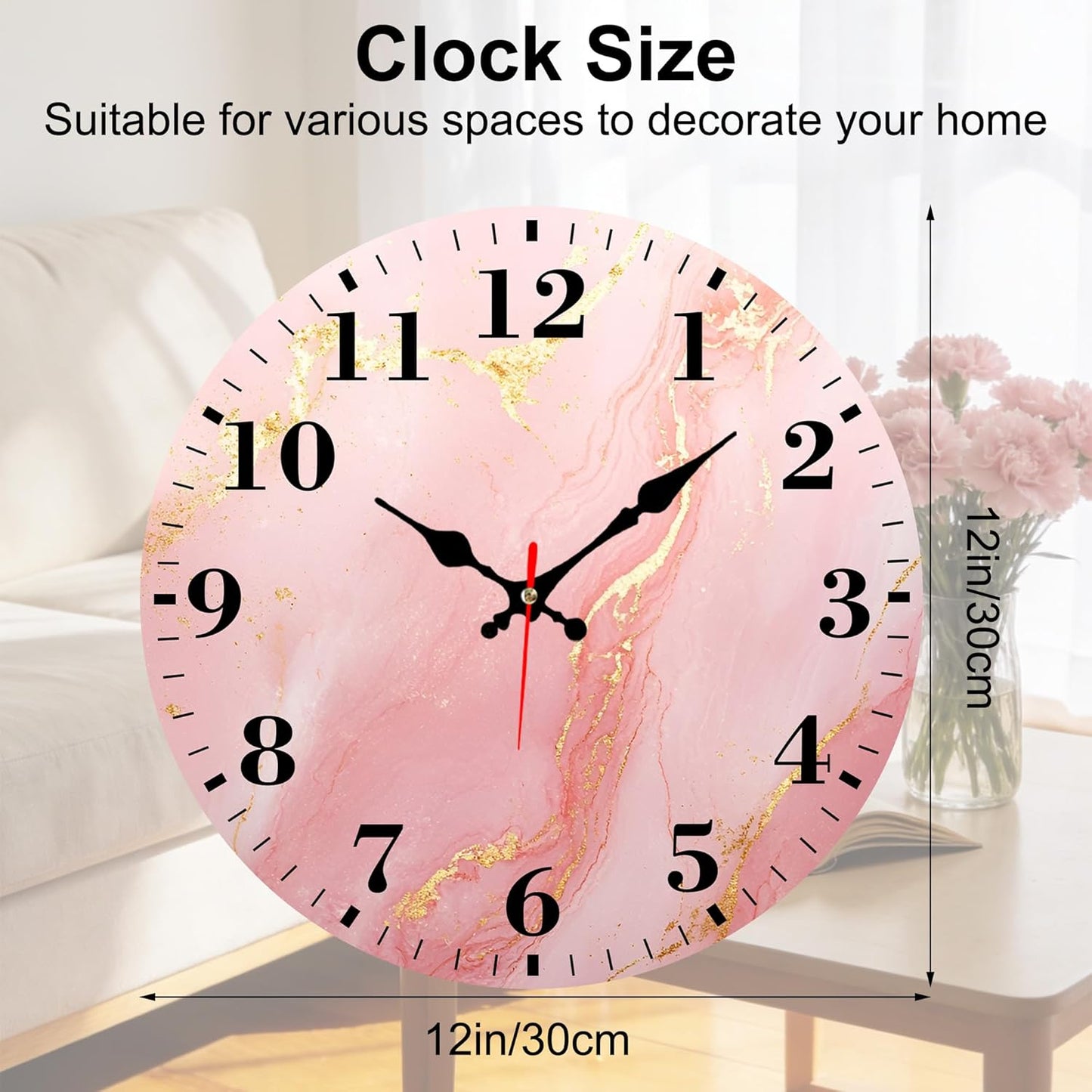 Identiy Round Wall Clock Silent Battery Operated, Pink Gold Marble 12 Inch Non-Ticking Easy to Read Display Round Analog Wall Clock Decorative for Office,Bedroom,Living Room and Kitchen