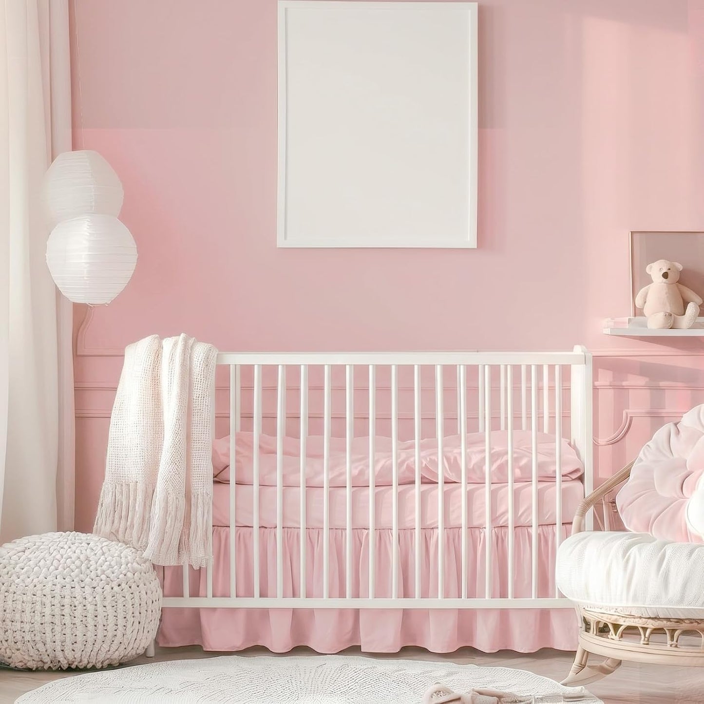 SmoothNovelty Pink Linen Shirred Crib Skirts for Girls Dust Ruffle Bed Skirts, Fits 28''x 52'' with 14" Drop Crib Bedding Skirt for Girls Boys Nursery Toddler
