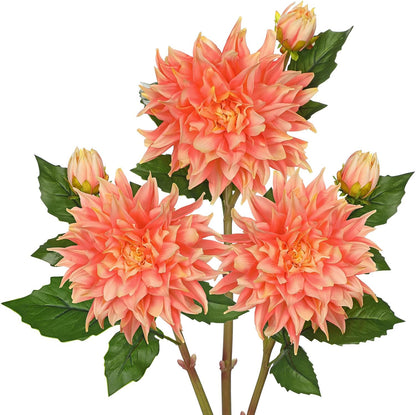 Artificial Dahlia Flowers – Set of 3 | 27.9" Tall Real-Touch Silk Dahlia Stems with Large 6.1" Blooms | Lifelike Peach Faux Flowers for Home Decor, Wedding, Centerpieces & Floral Arrangements