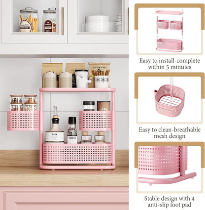 KINGRACK 3 Tier Pink Bathroom Counter Organizer, Rotating Makeup Organizer for Vanity, Perfume & Skincare Standing Shelf, Vanity Tray for Bathroom Countertop Storage, Pink