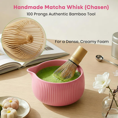 Matcha Whisk Set, 15-Pcs Ceramic Matcha Kit, Includes Matcha Bowl, Bamboo Whisk & Holder, Glass Measuring Cup, Matcha Caddy, Sifter, Scoop, Tea Towel, Tea Mat - Matcha Making Sets (pink)