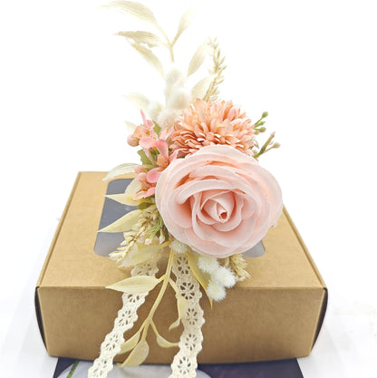 Pink Artificial Wrist Corsage and Boutonniere Set, Set of 2, Wristband Bride Hand Flower Men Boutonniere for Groom Wedding Party Prom Homecoming
