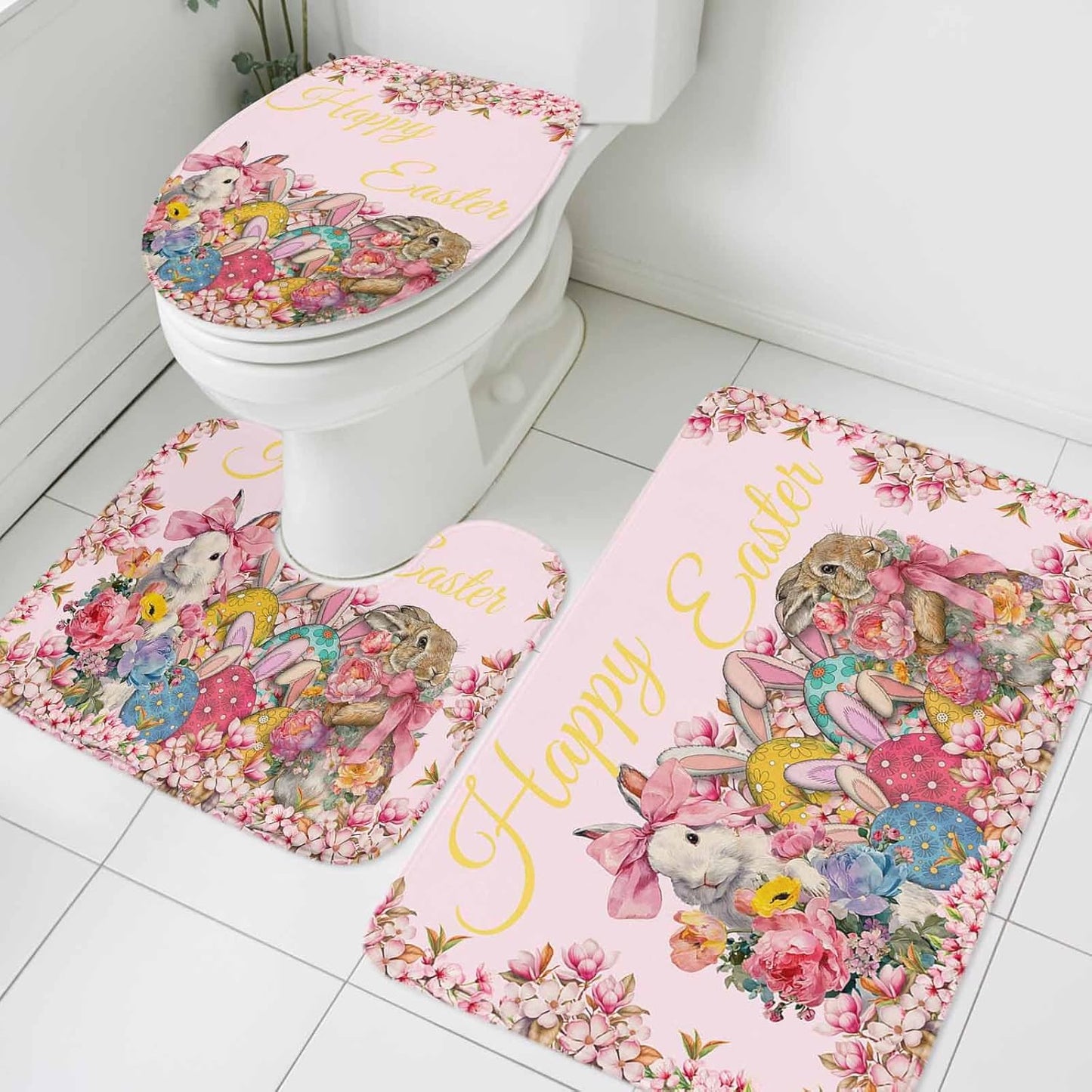 Light Pink Spring Easter Bathroom Rugs Mat Sets 3 Piece, Bunny Eggs Floral Botanical Bath Shower Rugs with U-Shaped Contour Toilet Mat, Small Absorbent Bathtub Runner Rugs Floor Mats