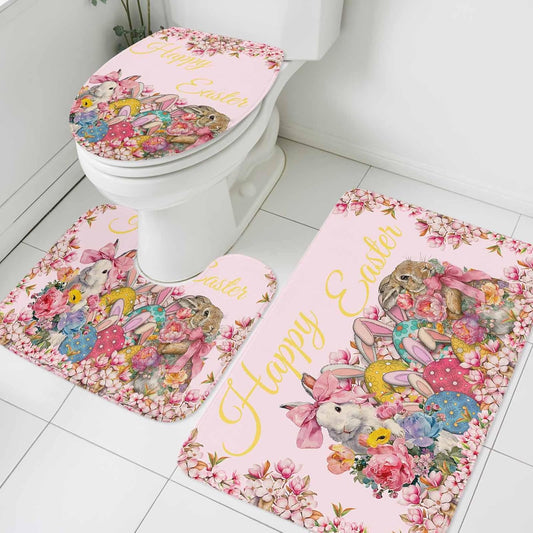 Light Pink Spring Easter Bathroom Rugs Mat Sets 3 Piece, Bunny Eggs Floral Botanical Bath Shower Rugs with U-Shaped Contour Toilet Mat, Small Absorbent Bathtub Runner Rugs Floor Mats