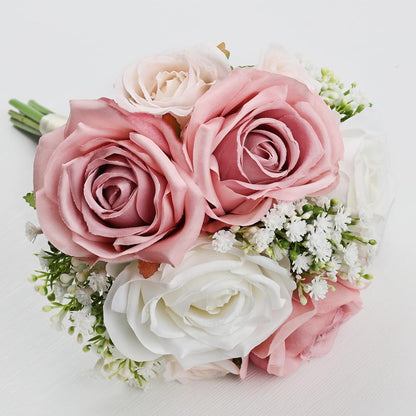 Wedding Bridesmaid Bouquets Set of 2, Artificial Silk Flowers Arrangement for Ceremony Marriage Proposal Party Anniversary Decorations - Dusty Pink & White